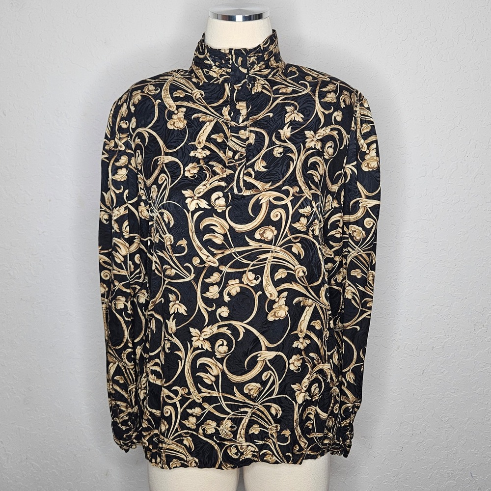 Adrianna Papell 100% Silk Blouse Women's 10 Black Gold Baroque Mock Neck Top VTG